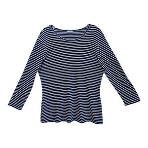 J McLaughlin Women L Top Navy Blue White Striped 3/4 Sleeve Nautical Cotton 38"